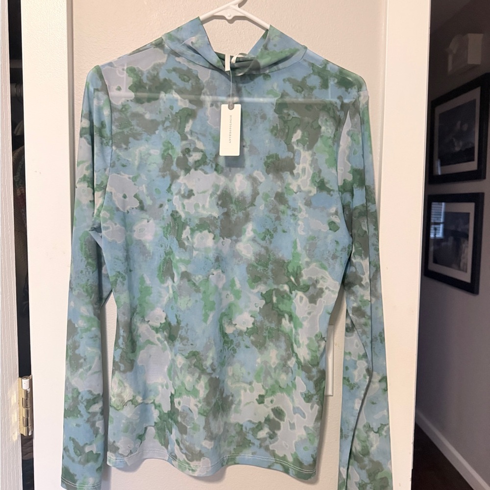 Anthropologie Blue and Green Floral Mesh Turtleneck